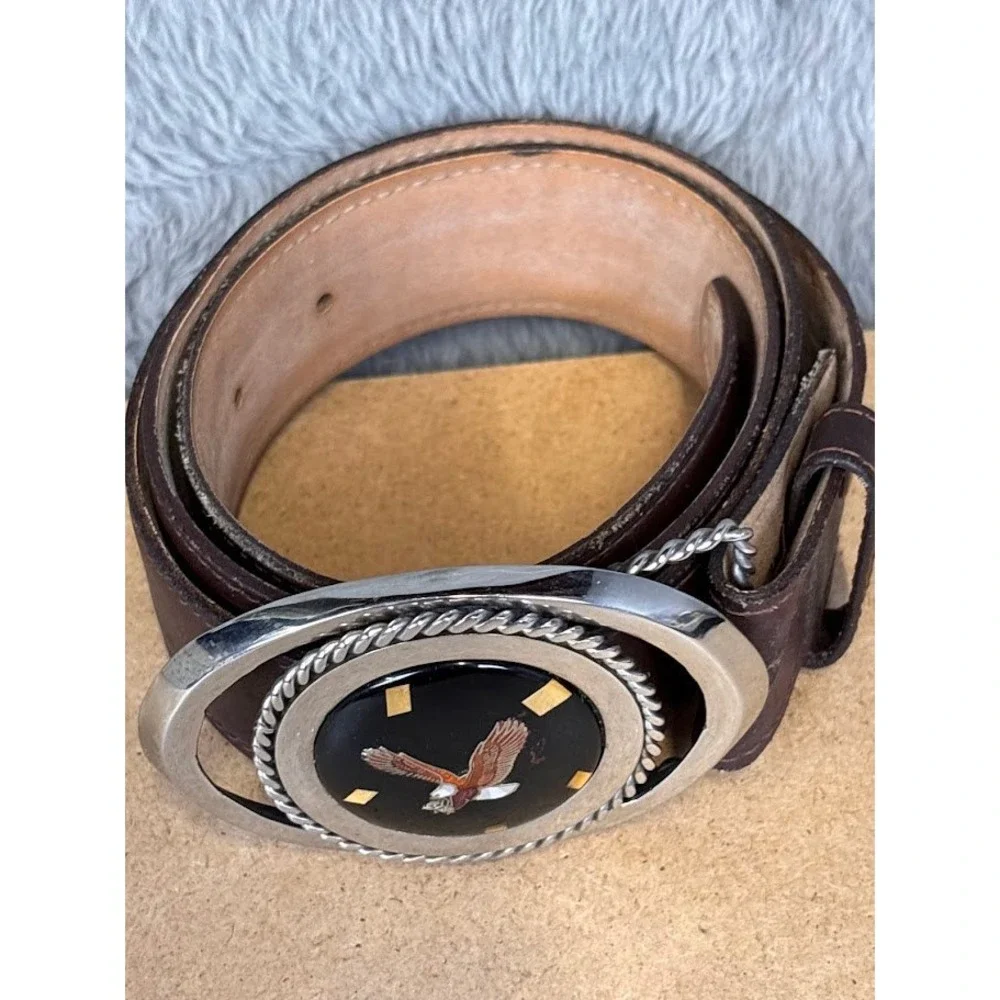 Mens‎ Dark Brown Genuine Leather Belt Size 34 Western Eagle Oval Buckle Suede